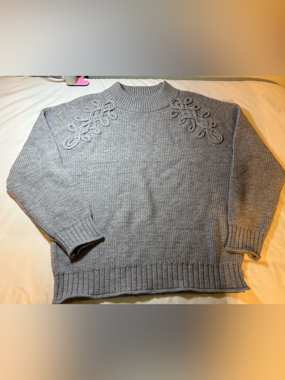 Wit & Wisdom Light Gray Ribbed Mock Neck Sweater with Shoulder Embroidery